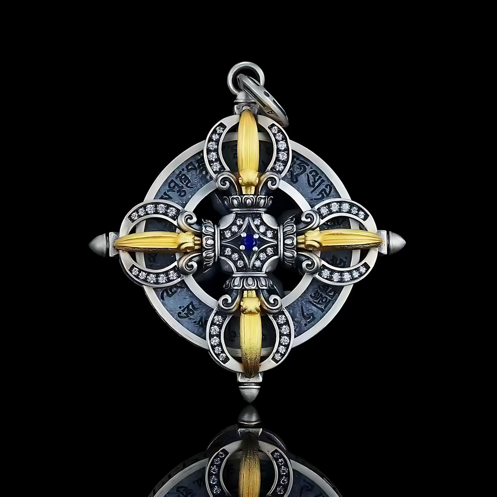Double Vajra Pendant  Inlaid in S925 Sterling Silver
