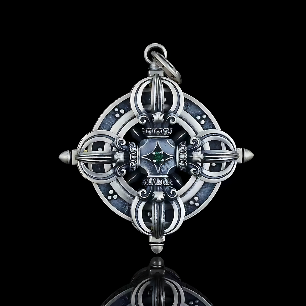 Double Vajra Pendant  Inlaid in S925 Sterling Silver