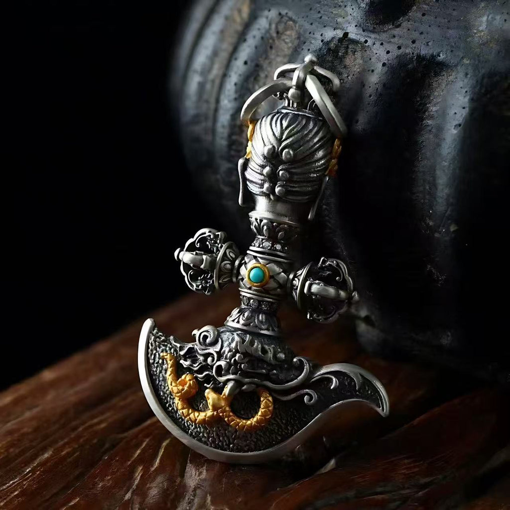 Pendant of a Phurba and Kartrika Inlaid in s925 Sterling Silver