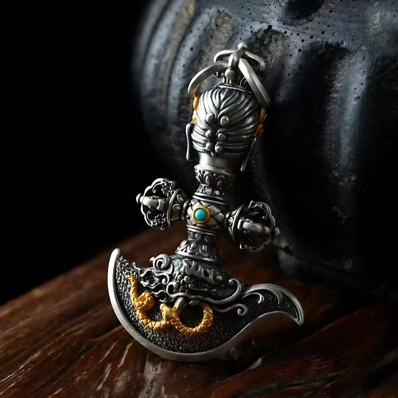 Pendant of a Phurba and Kartrika Inlaid in s925 Sterling Silver