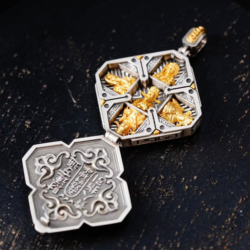 S925 Silver Pendant Masterfully Inlaid with the Five Gods of Wealth (Openable)