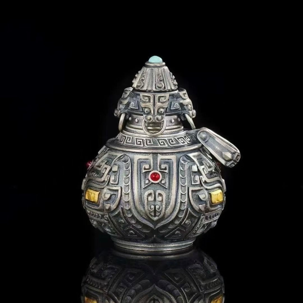 S925 Silver Gourd Pendant Exquisitely Inlaid with Tao Tie Patterns (Openable)