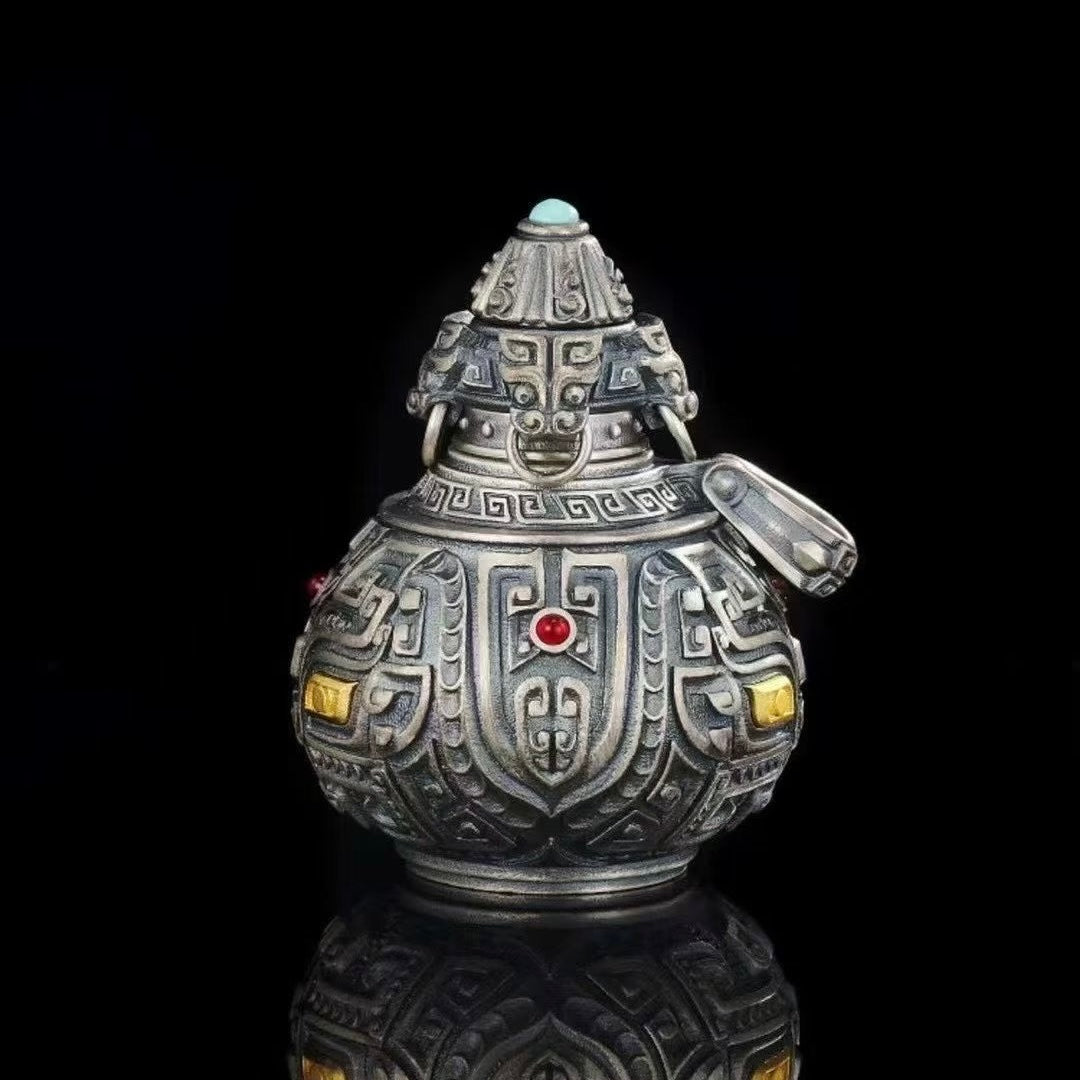 S925 Silver Gourd Pendant Exquisitely Inlaid with Tao Tie Patterns (Openable)