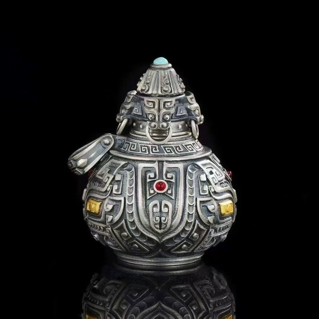 S925 Silver Gourd Pendant Exquisitely Inlaid with Tao Tie Patterns (Openable)