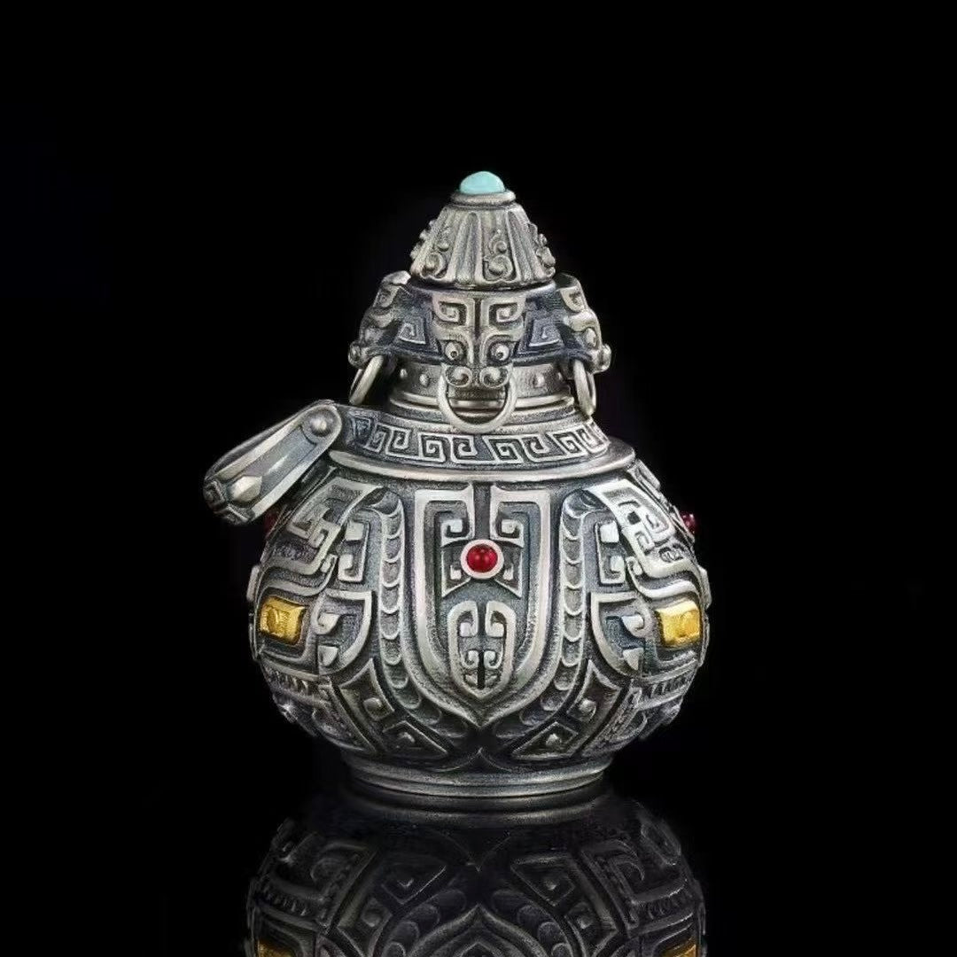 S925 Silver Gourd Pendant Exquisitely Inlaid with Tao Tie Patterns (Openable)