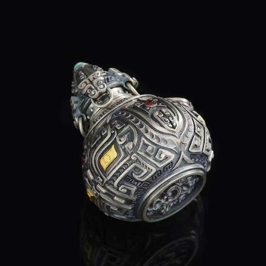 S925 Silver Gourd Pendant Exquisitely Inlaid with Tao Tie Patterns (Openable)