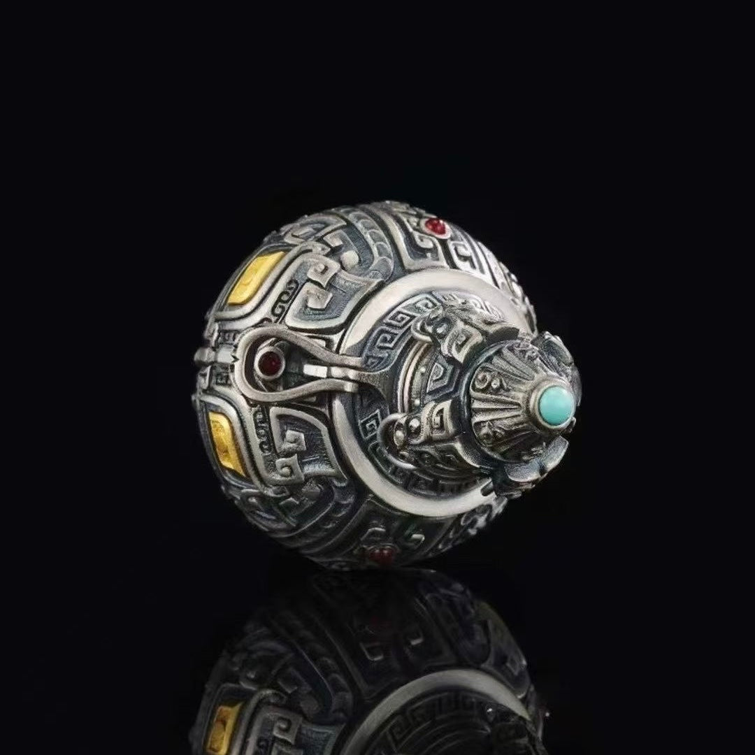 S925 Silver Gourd Pendant Exquisitely Inlaid with Tao Tie Patterns (Openable)