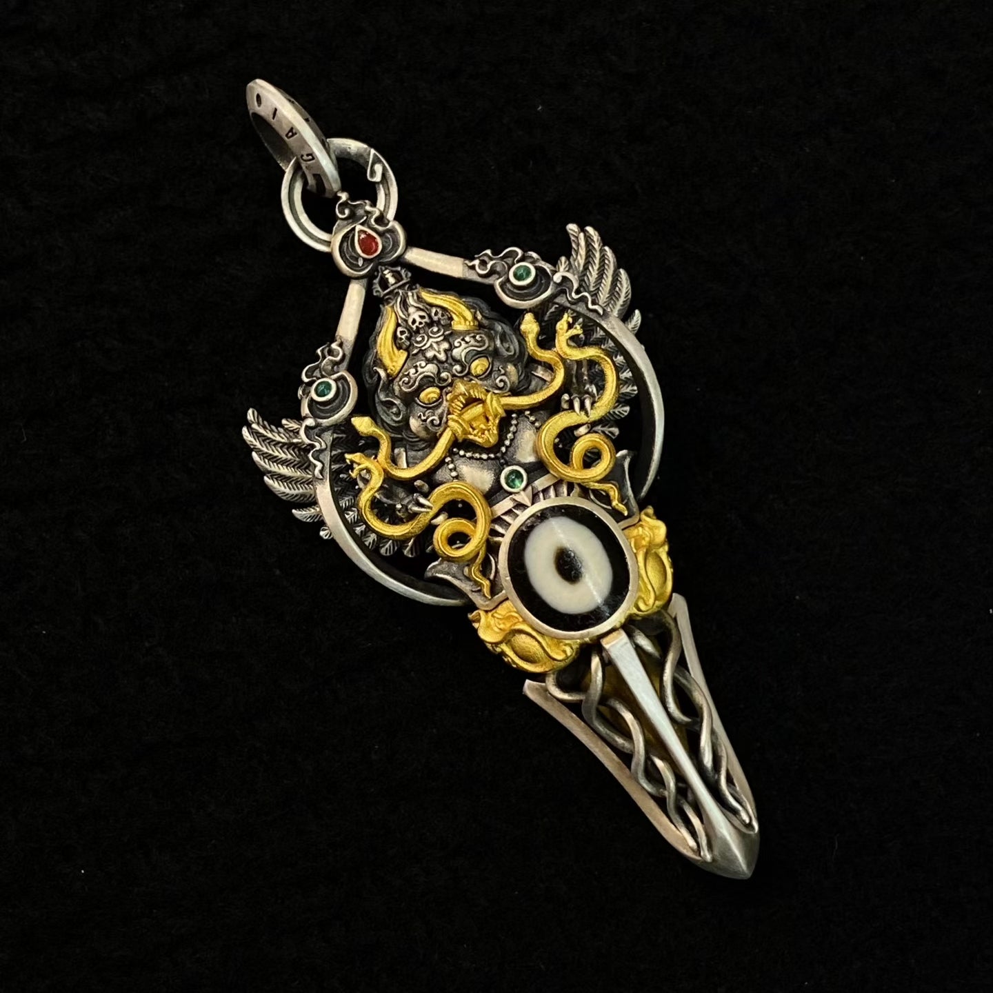 S925 Silver Dzi Bead Pendant with an Exquisitely Inlaid Garuda