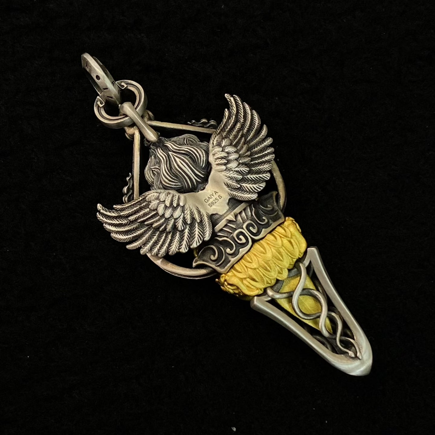 S925 Silver Dzi Bead Pendant with an Exquisitely Inlaid Garuda