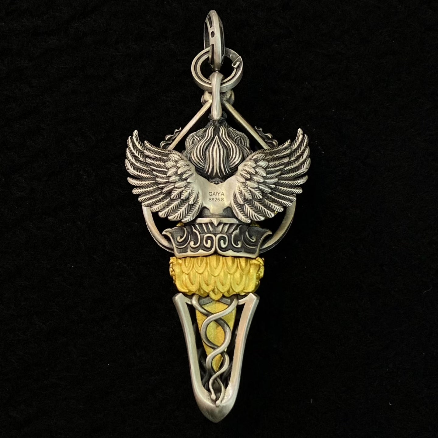 S925 Silver Dzi Bead Pendant with an Exquisitely Inlaid Garuda