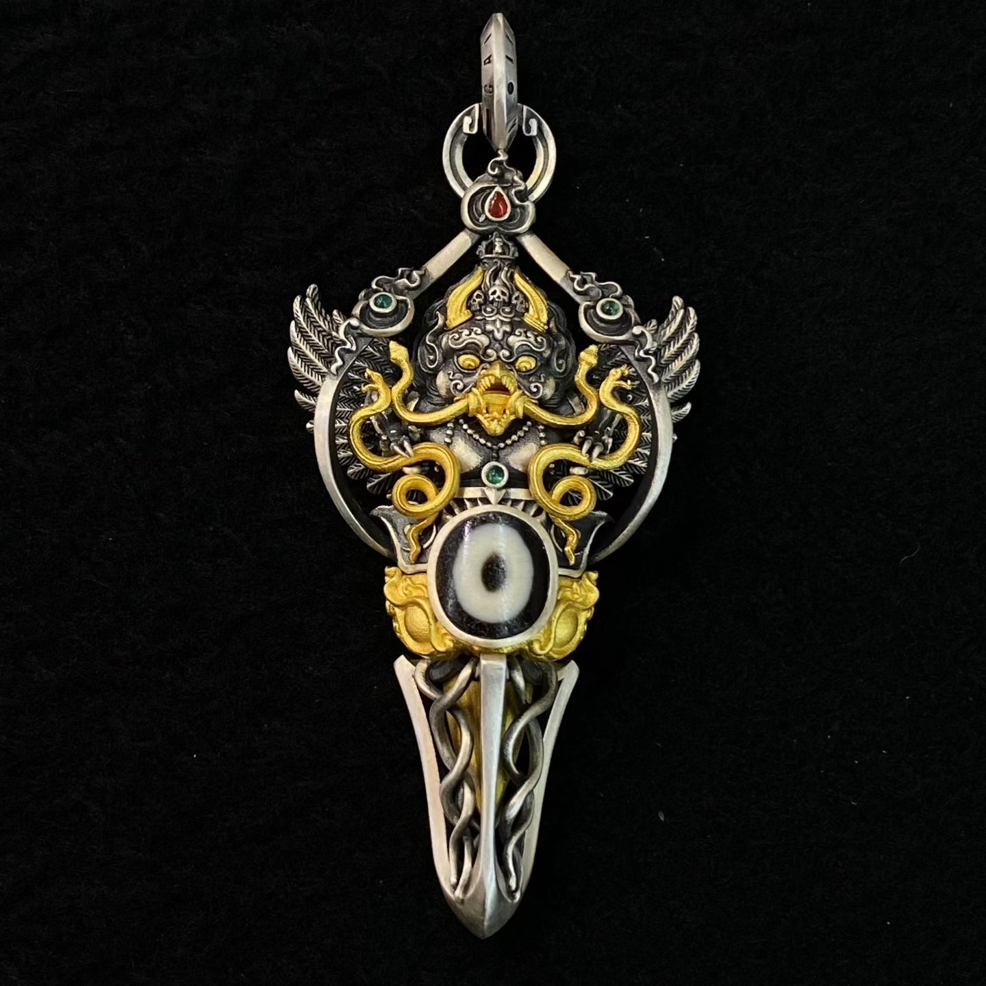 S925 Silver Dzi Bead Pendant with an Exquisitely Inlaid Garuda
