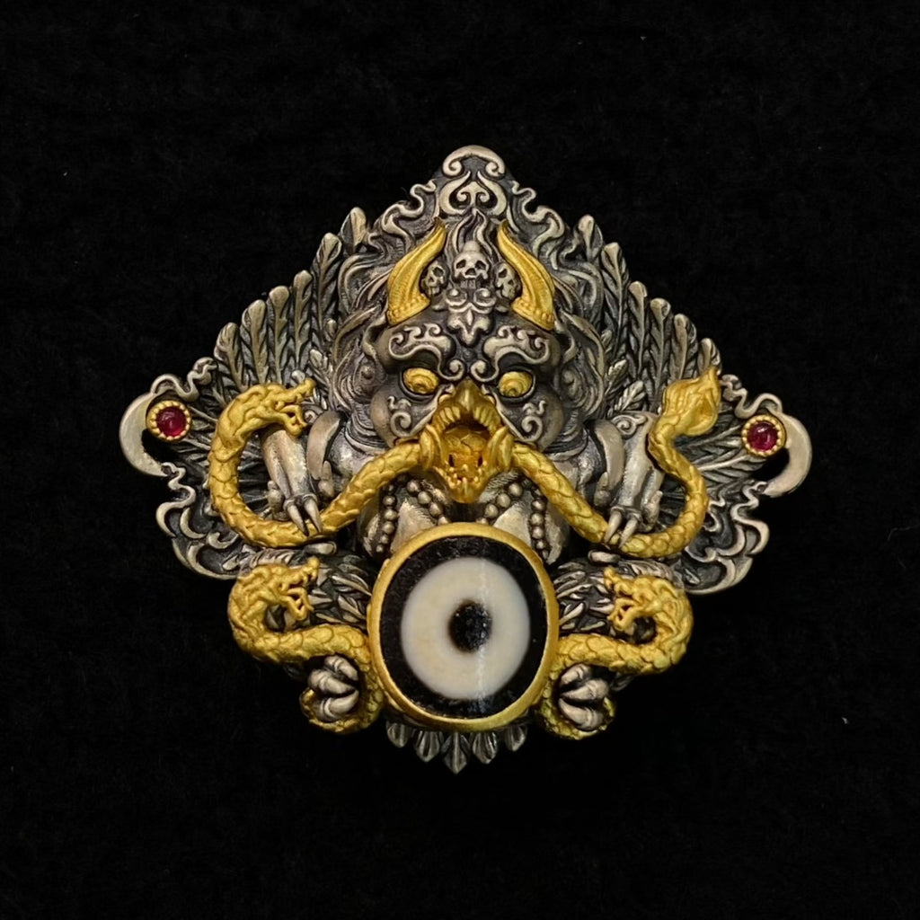 S925 Silver Garuda Pendant with a Centrally Inlaid Dzi Bead