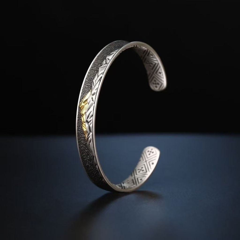 S925 Silver Cuff Bracelet Exquisitely Inlaid with a Sacred Mountain