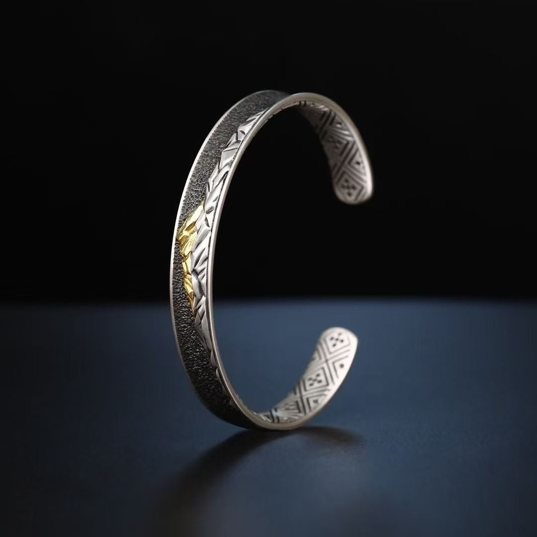S925 Silver Cuff Bracelet Exquisitely Inlaid with a Sacred Mountain
