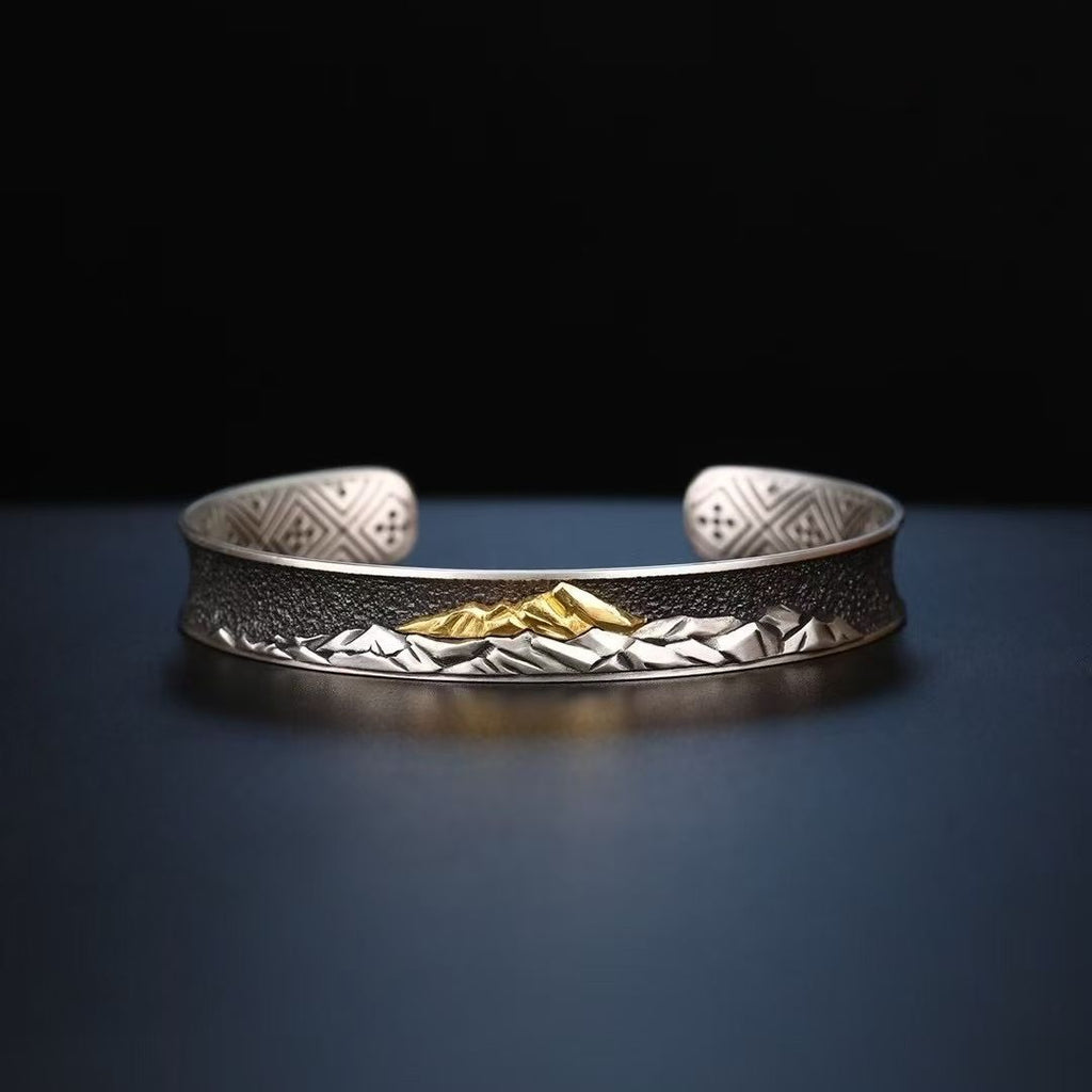 S925 Silver Cuff Bracelet Exquisitely Inlaid with a Sacred Mountain