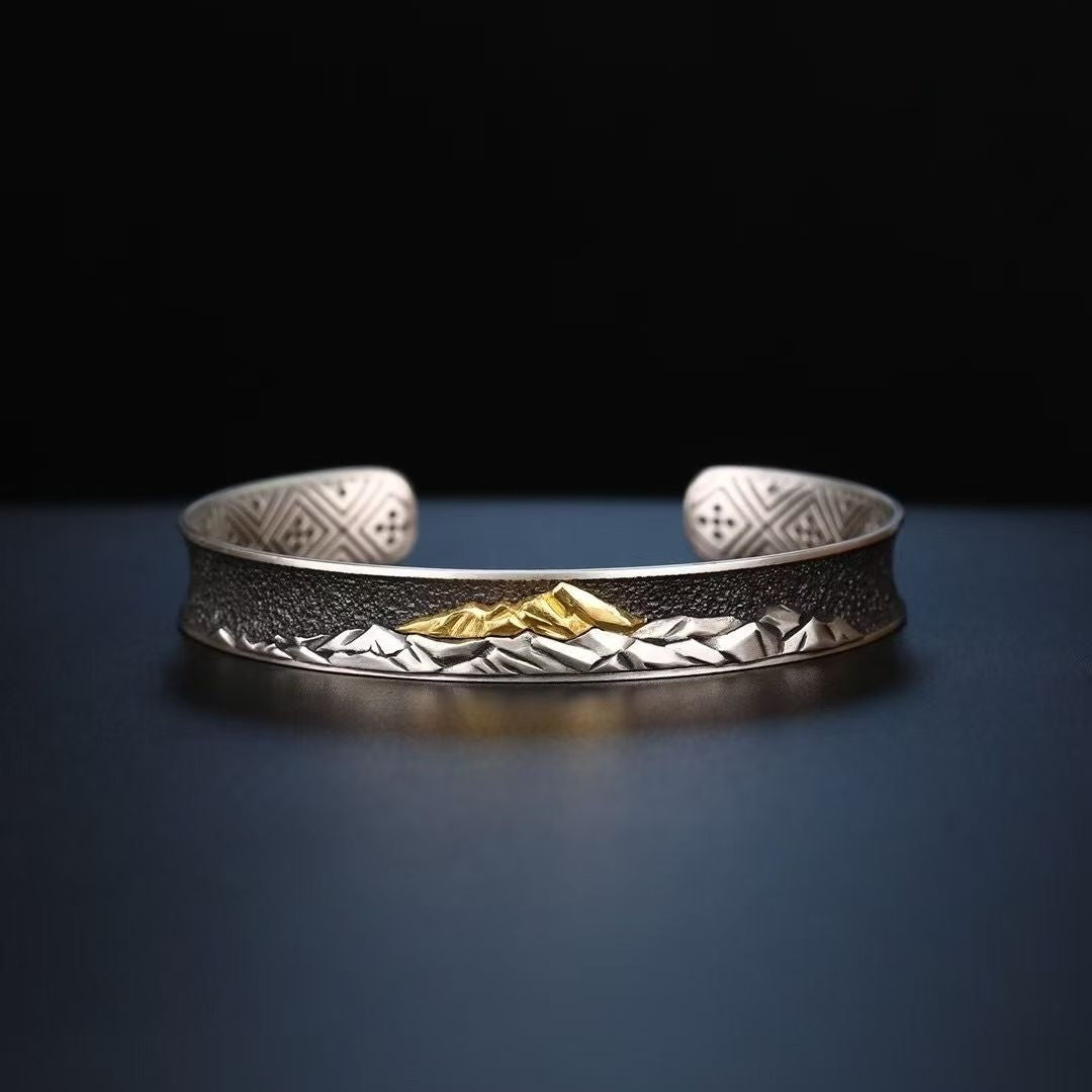 S925 Silver Cuff Bracelet Exquisitely Inlaid with a Sacred Mountain