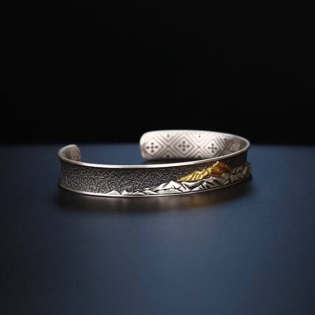 S925 Silver Cuff Bracelet Exquisitely Inlaid with a Sacred Mountain