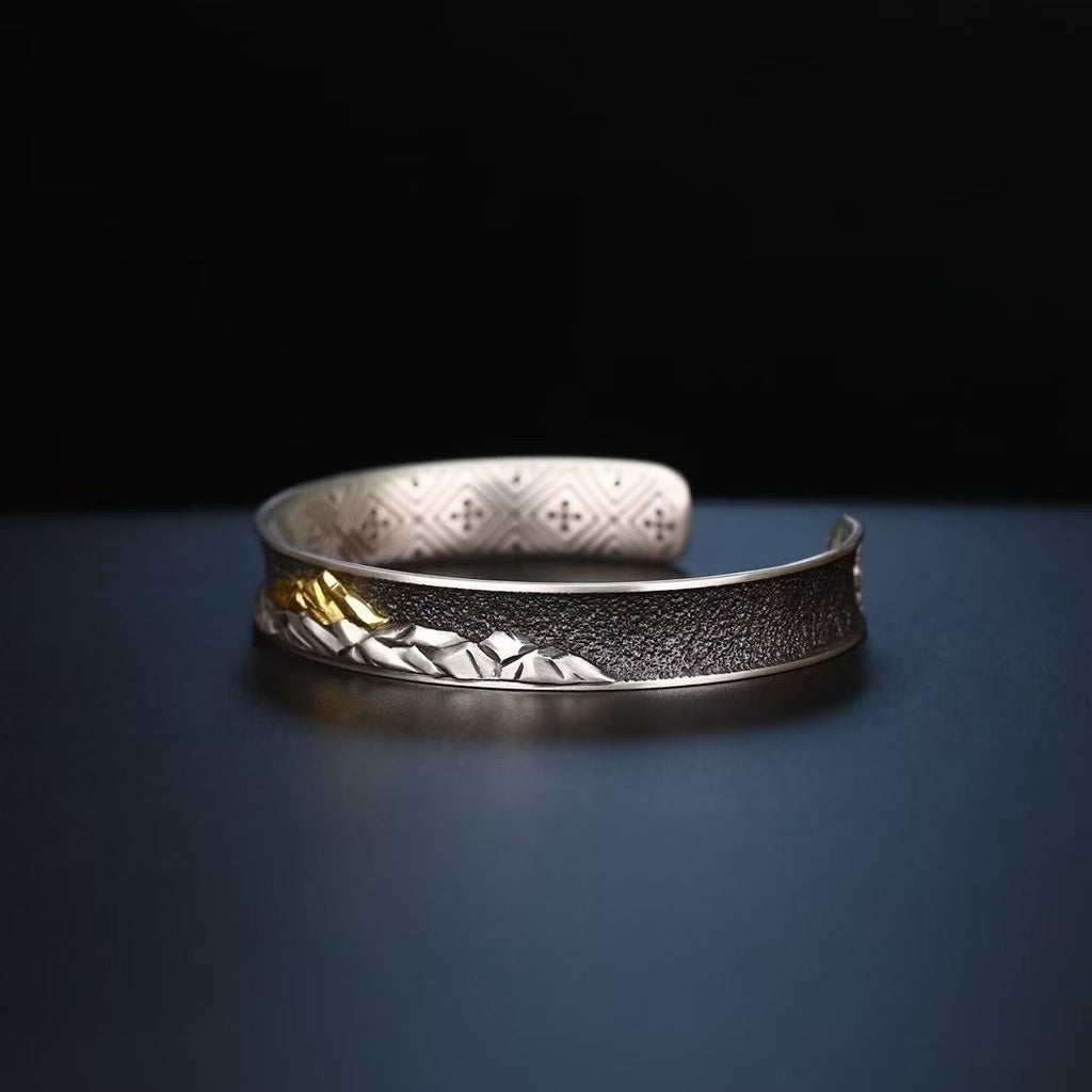 S925 Silver Cuff Bracelet Exquisitely Inlaid with a Sacred Mountain