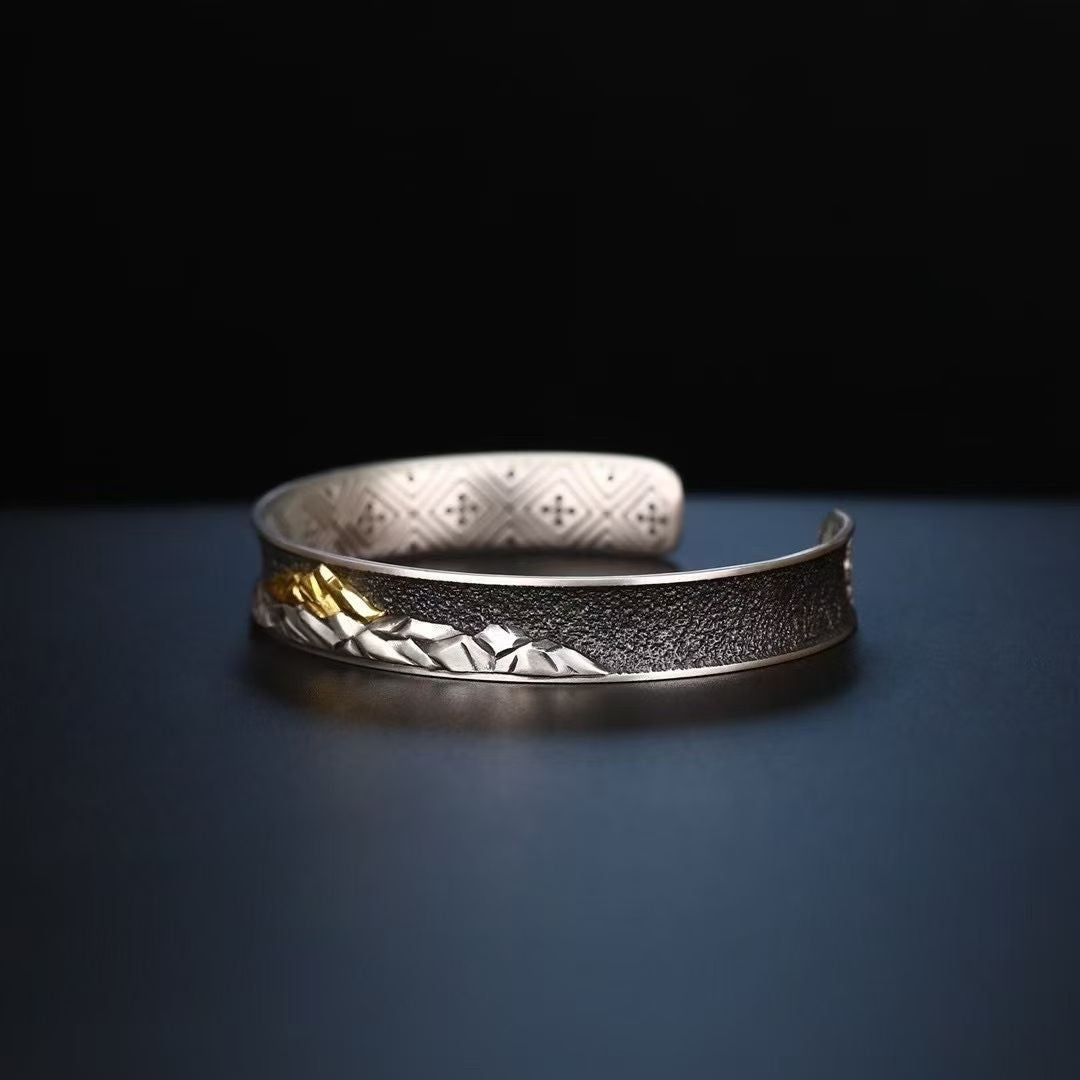 S925 Silver Cuff Bracelet Exquisitely Inlaid with a Sacred Mountain