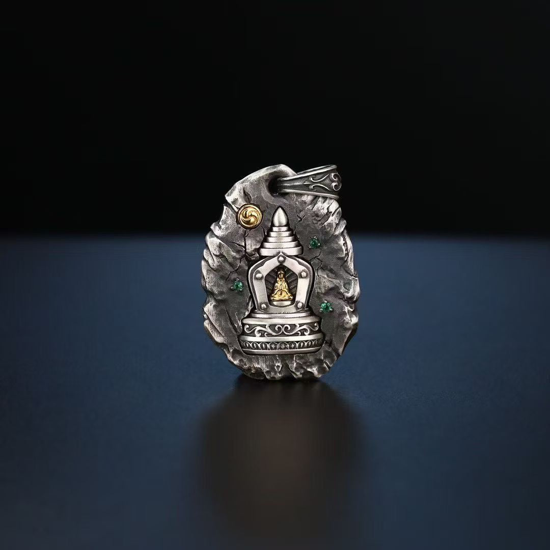 S925 Silver Pendant with an Exquisitely Inlaid Stupa