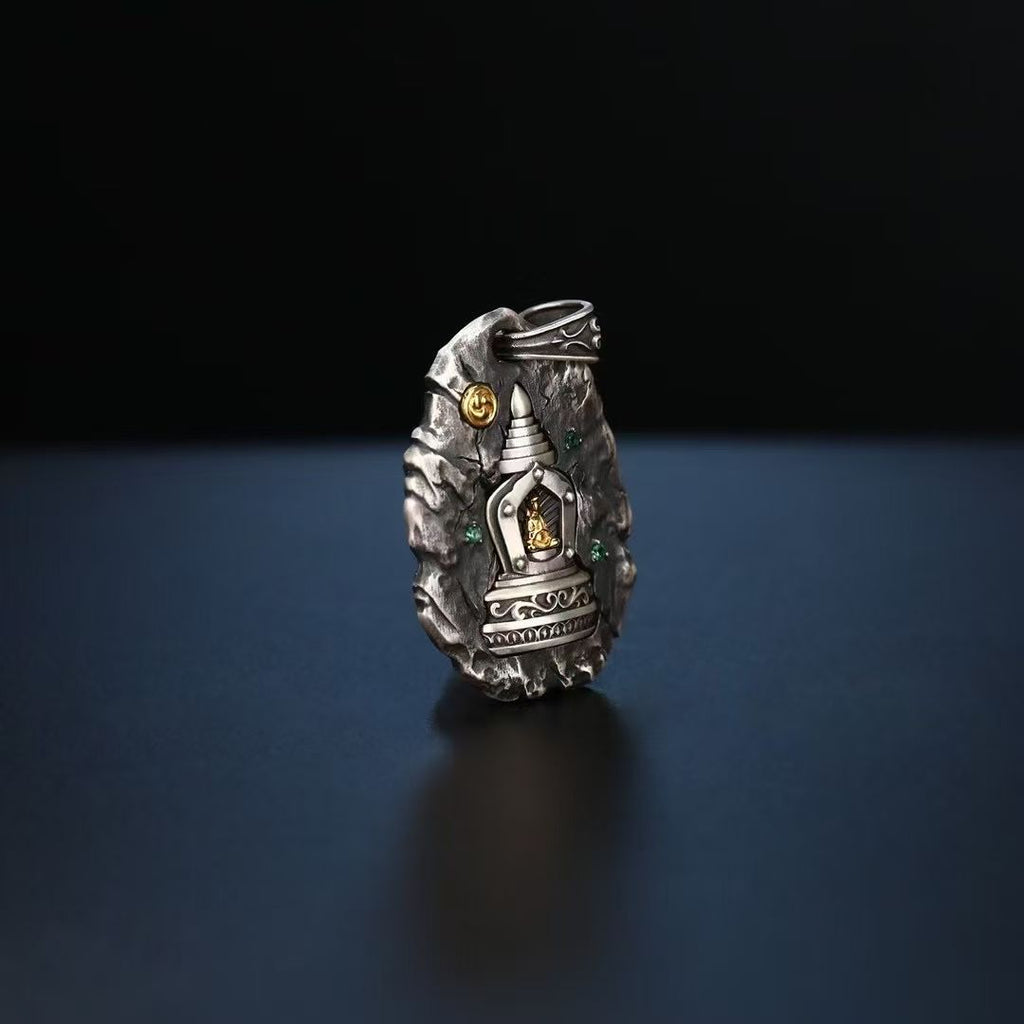 S925 Silver Pendant with an Exquisitely Inlaid Stupa