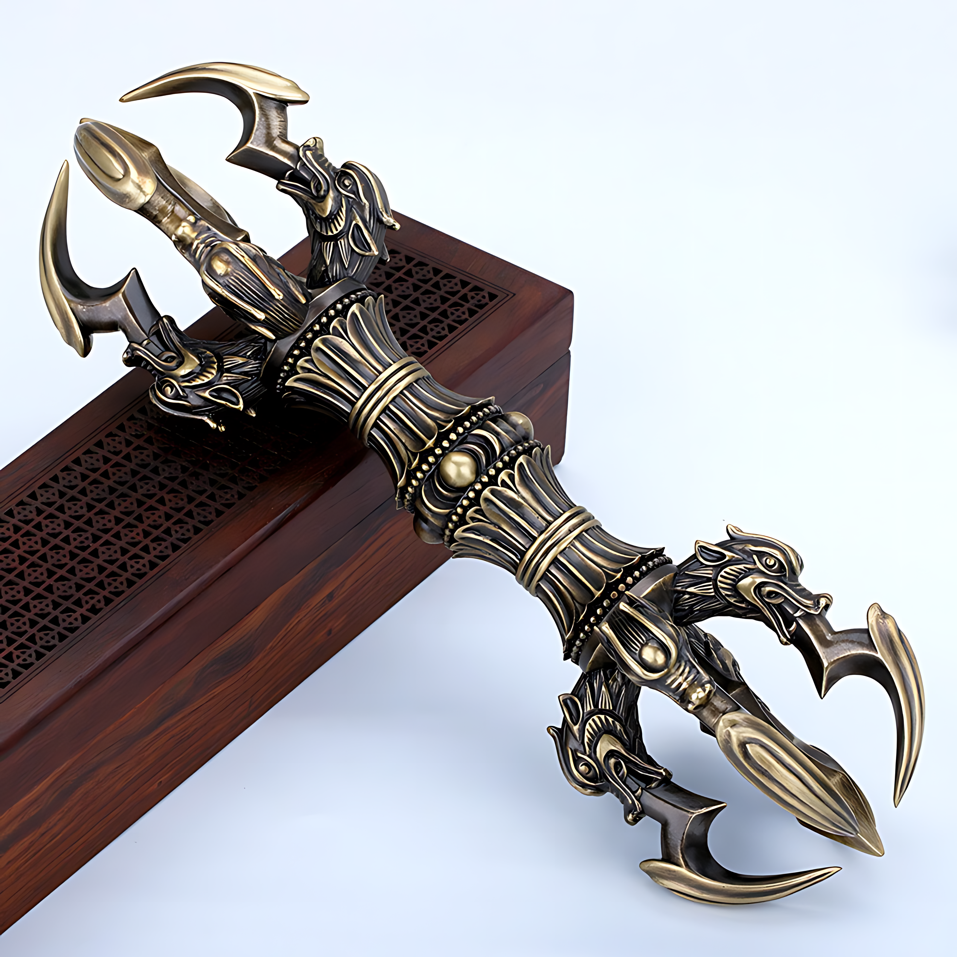 The Four Wisdom Kings' Five-Pronged Vajra (like the ultimate scepter commanding the four elemental lords of sacred defense)