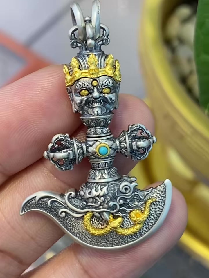 Pendant of a Phurba and Kartrika Inlaid in s925 Sterling Silver