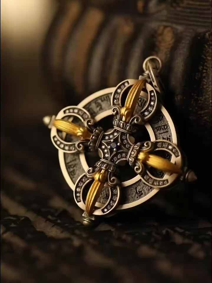 Double Vajra Pendant  Inlaid in S925 Sterling Silver