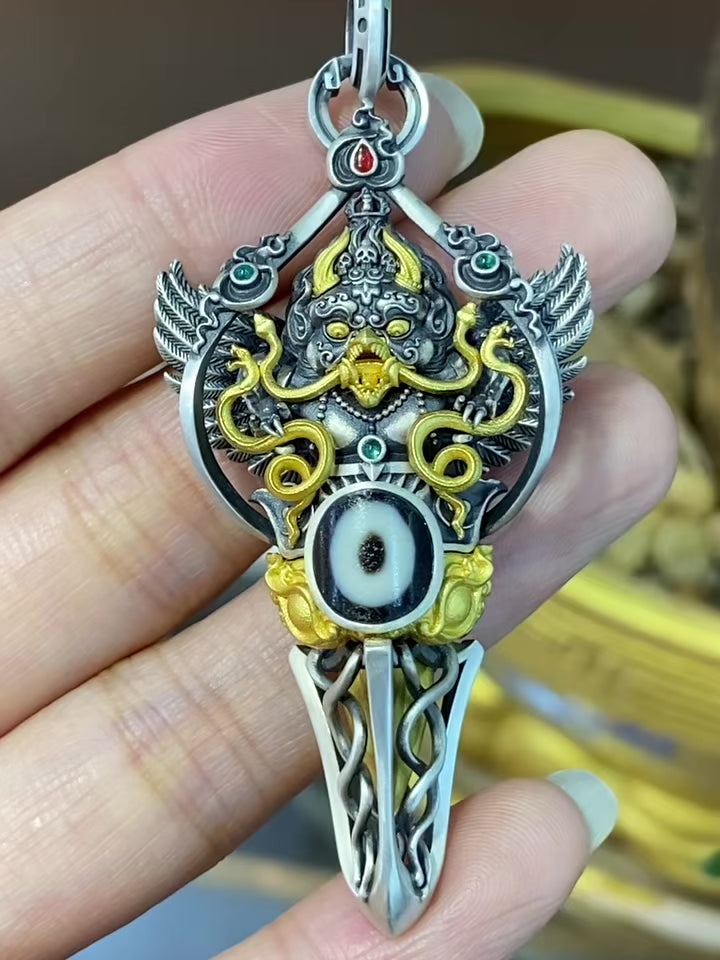 S925 Silver Dzi Bead Pendant with an Exquisitely Inlaid Garuda