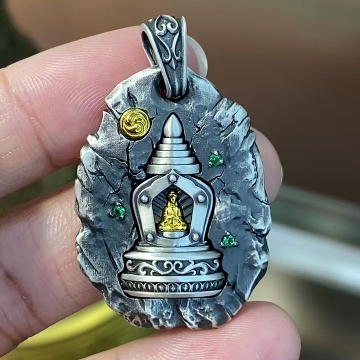 S925 Silver Pendant with an Exquisitely Inlaid Stupa