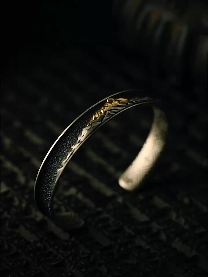 S925 Silver Cuff Bracelet Exquisitely Inlaid with a Sacred Mountain